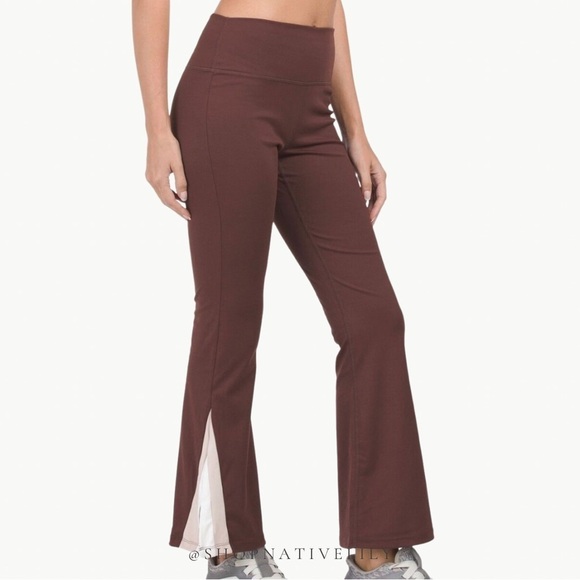 WILO Pants - WILO The Label Flare Leggings Size Small Brown Colorblock Split Hem Yoga Pants
